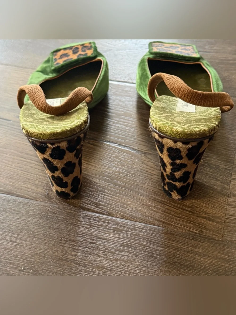 Olivia Rose Tal Green Velvet & Leopard Fur Slingback Heels size 9 - Picture 5 of 6